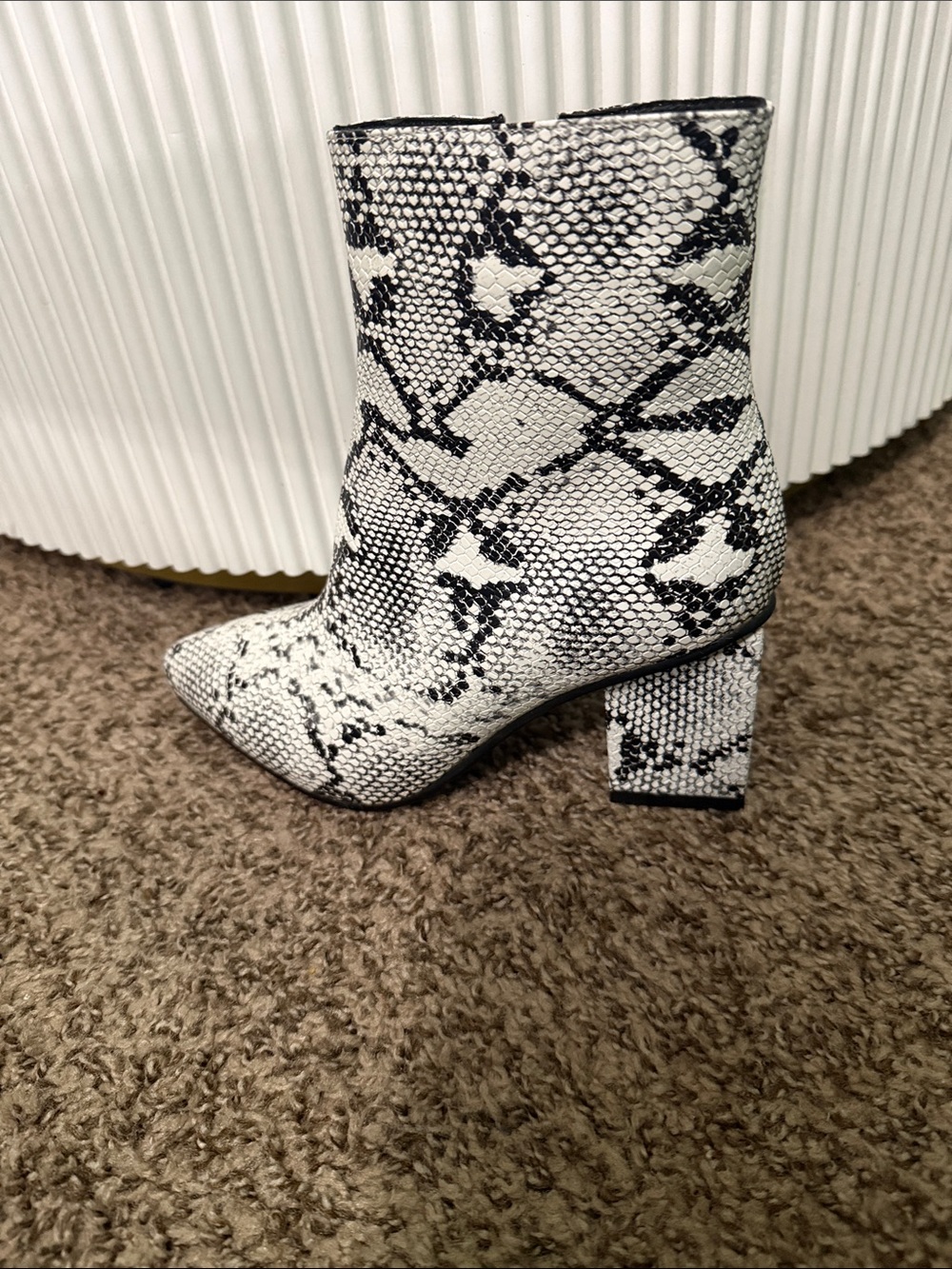 Pointed Snake-Print Ankle Boot in Black & White